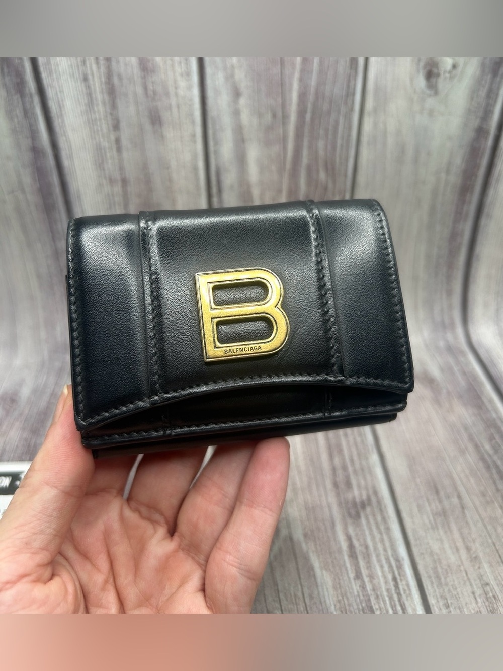 BALENCIAGA Hourglass Mini Wallet in Black Shiny Box Calfskin Leather w/ COA - Picture 4 of 16